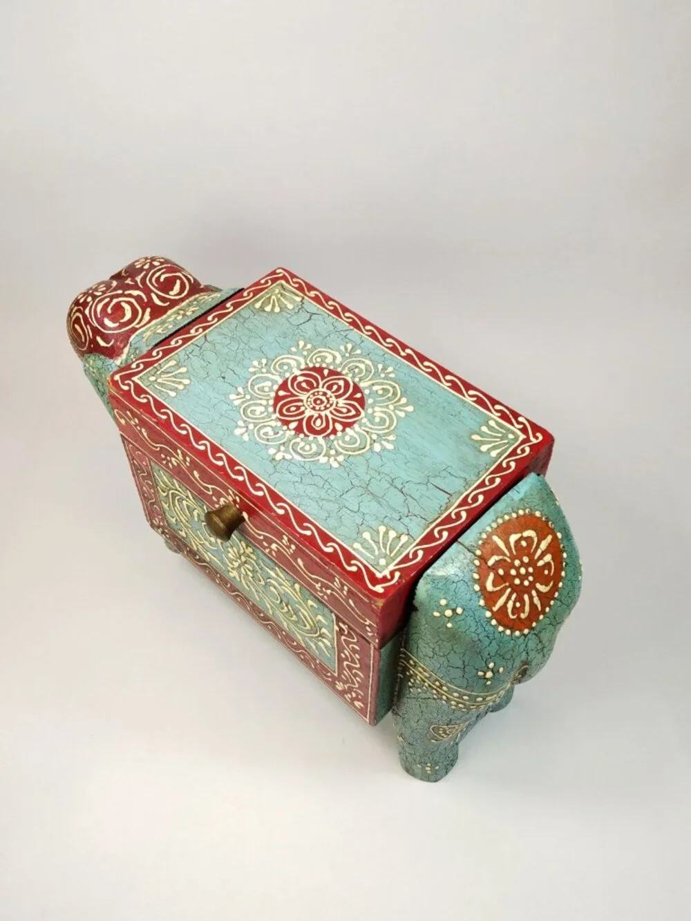Hand Painted Wooden Elephant Jewelry Trinket Storage Box